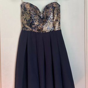 Navy Blue and Gold Strapless Dress